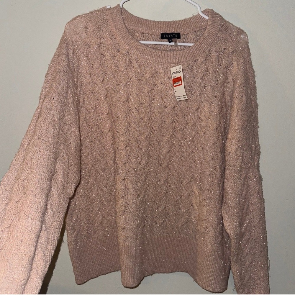 1.STATE Womens Cable Knit Metallic Shimmer Sweater Blush Pink Crew Neck XL NWT